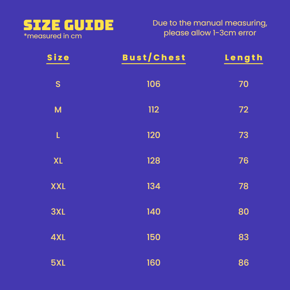 The Miami Mixtape Shirt size guide in cm: chest and length for sizes S to 5XL
