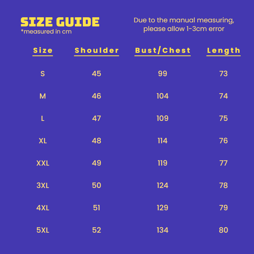The Ocean Drive Shirt size guide in cm: shoulder, chest and length for sizes S to 5XL