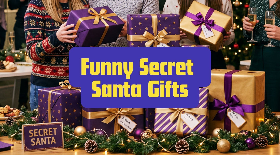 Funny Secret Santa gifts: purple and gold wrapped presents at an office Christmas party