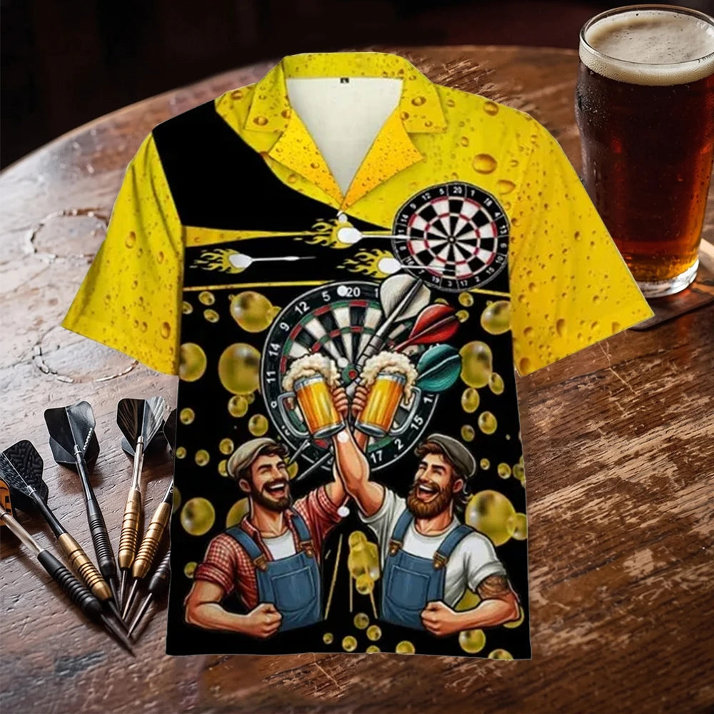 The Drink Beer, Play Darts Shirt, a yellow and black darts Hawaiian shirt reading Just Want to Drink Beer and Play Darts