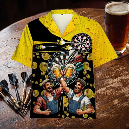 The Drink Beer, Play Darts Shirt, a yellow and black darts Hawaiian shirt reading Just Want to Drink Beer and Play Darts
