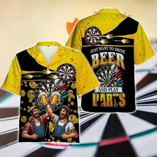 The Drink Beer, Play Darts Shirt, a yellow and black darts Hawaiian shirt reading Just Want to Drink Beer and Play Darts