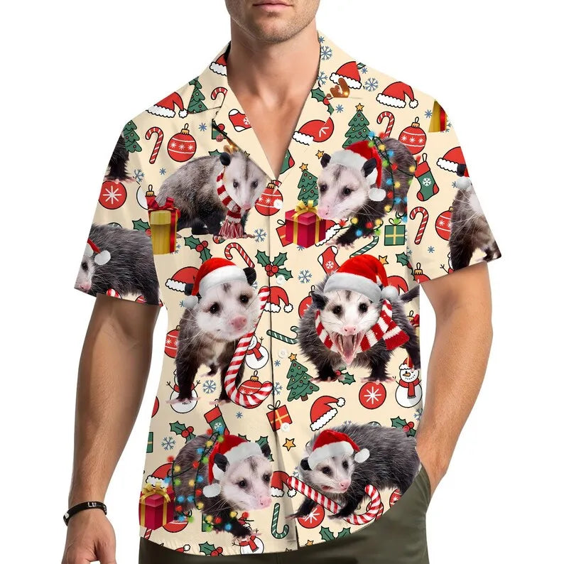 The Christmas Possums Shirt, a cream Christmas Hawaiian shirt covered in possums in Santa hats