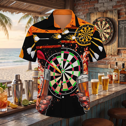 The Bullseye and a Pint Shirt, a black and orange darts shirt with a giant dartboard and a pint either side