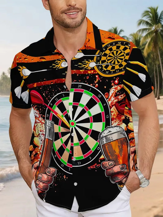 The Bullseye and a Pint Shirt, a black and orange darts shirt with a giant dartboard and a pint either side