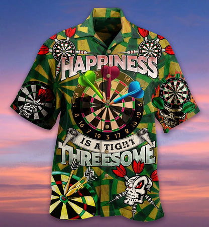 The Tight Threesome Shirt, a funny darts Hawaiian shirt reading Happiness Is a Tight Threesome