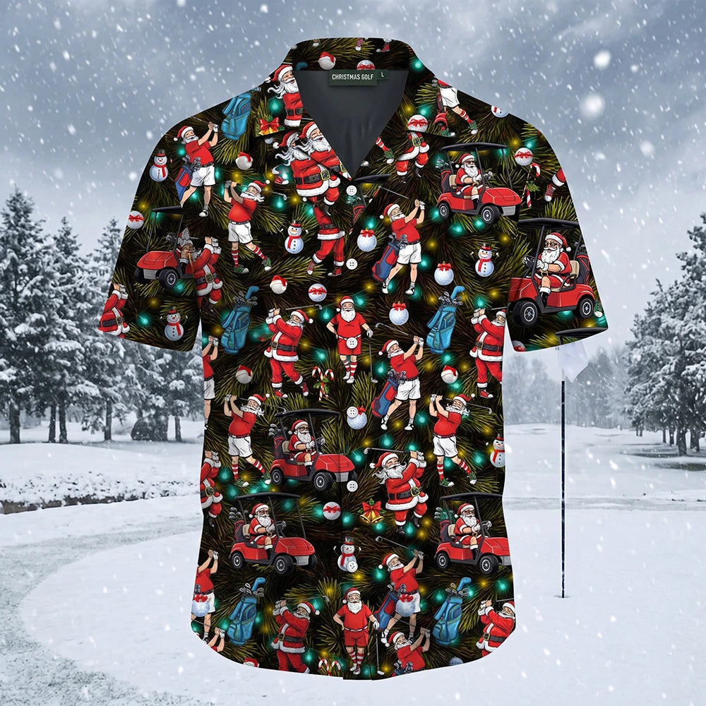 The Golfing Santa Shirt, a black Christmas Hawaiian shirt covered in Santa playing golf and driving golf buggies