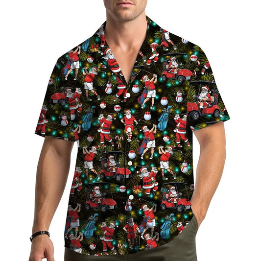 The Golfing Santa Shirt, a black Christmas Hawaiian shirt covered in Santa playing golf and driving golf buggies