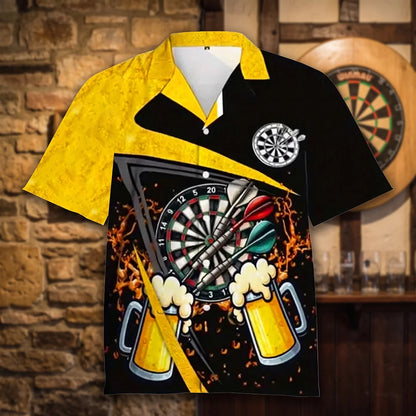 The Pub League Shirt, a yellow and black darts shirt with a dartboard and two pints of beer