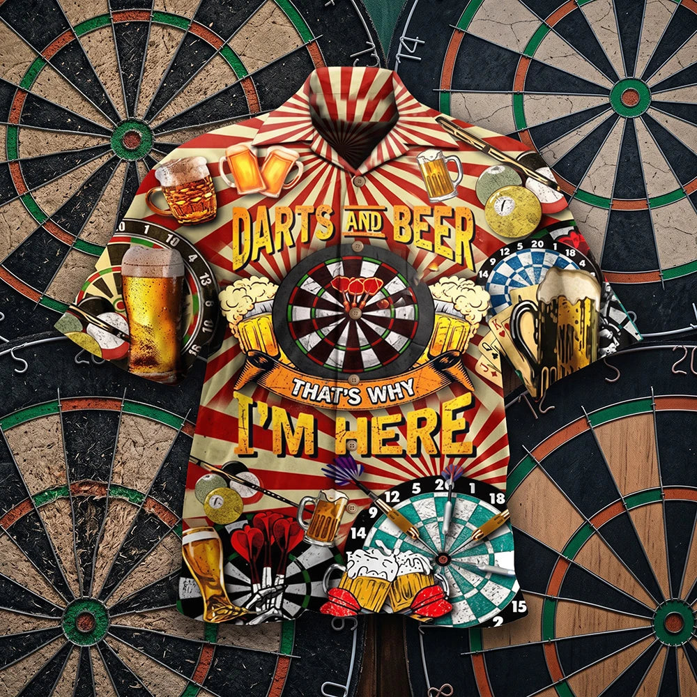The Darts and Beer Shirt, a loud darts Hawaiian shirt reading Darts and Beer, That's Why I'm Here