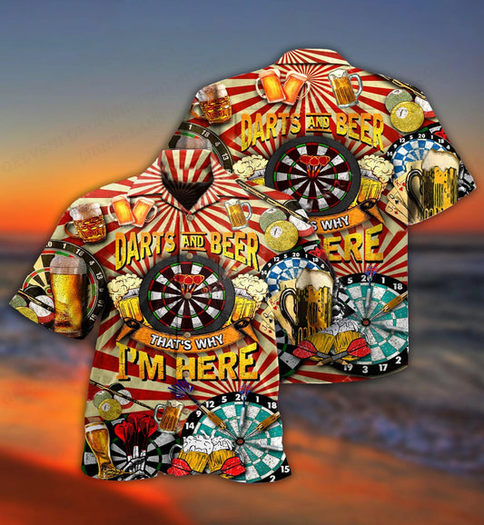 The Darts and Beer Shirt, a loud darts Hawaiian shirt reading Darts and Beer, That's Why I'm Here