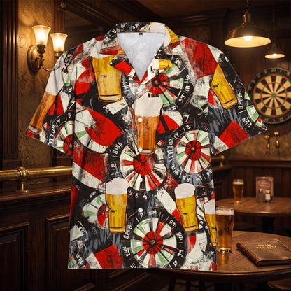 The Boards and Pints Shirt, a red all-over print darts shirt covered in dartboards and pints of beer