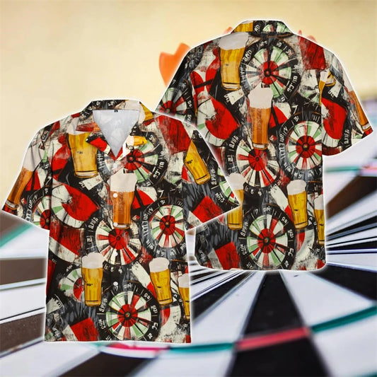 The Boards and Pints Shirt, a red all-over print darts shirt covered in dartboards and pints of beer