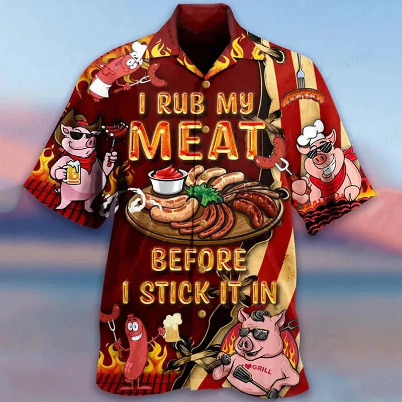 The Rub My Meat Shirt, a rude BBQ Hawaiian shirt reading I Rub My Meat Before I Stick It In