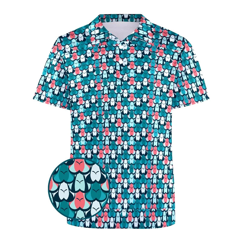 The Rack Attack Polo, a teal men's polo shirt with a cheeky all-over print