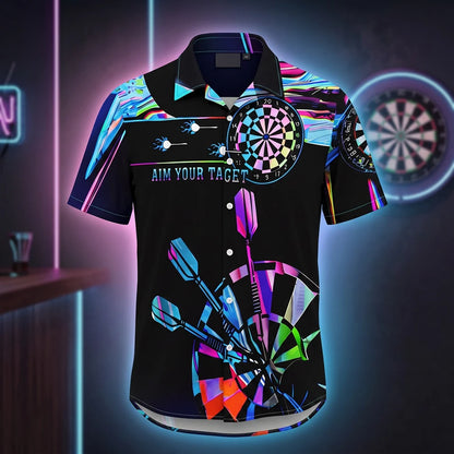 The Neon Oche Shirt, a black darts shirt with neon rainbow darts and a dartboard