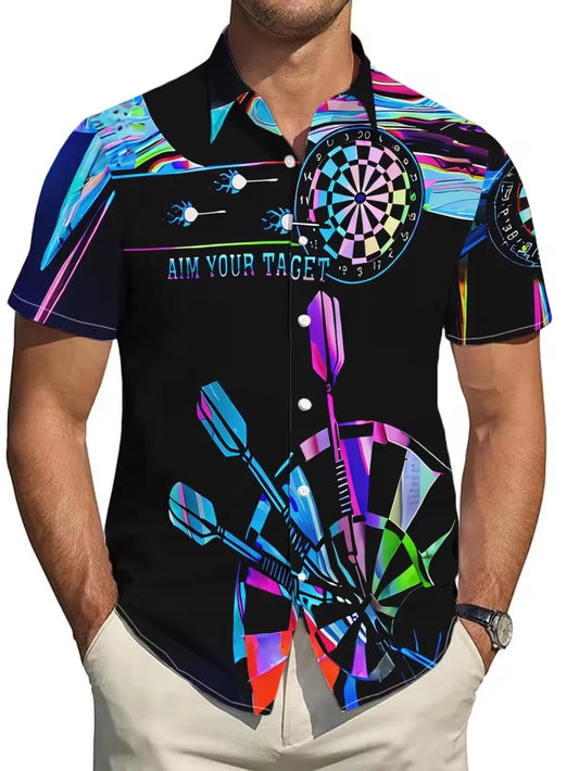 The Neon Oche Shirt, a black darts shirt with neon rainbow darts and a dartboard