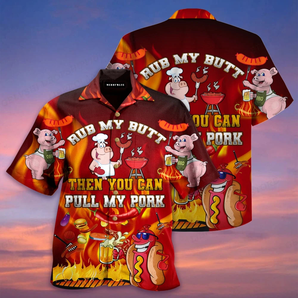 The Pull My Pork Shirt, a rude BBQ Hawaiian shirt reading Rub My Butt Then You Can Pull My Pork