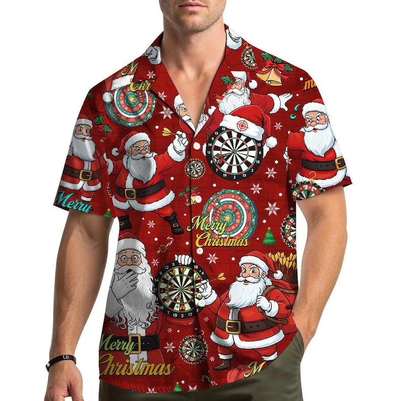 The Santa on the Oche Shirt, a red Christmas Hawaiian shirt with Santa playing darts