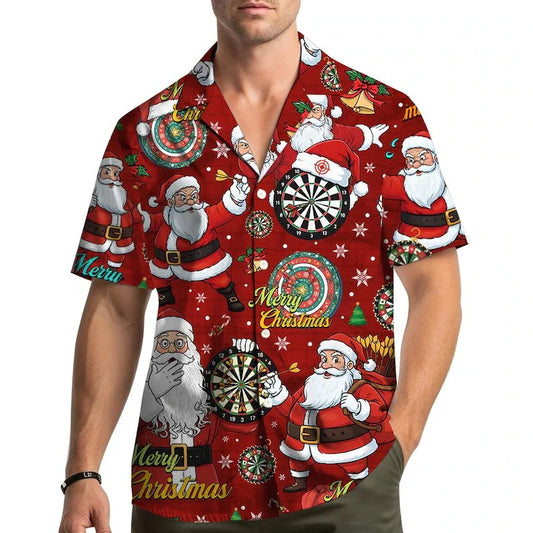 The Santa on the Oche Shirt, a red Christmas Hawaiian shirt with Santa playing darts