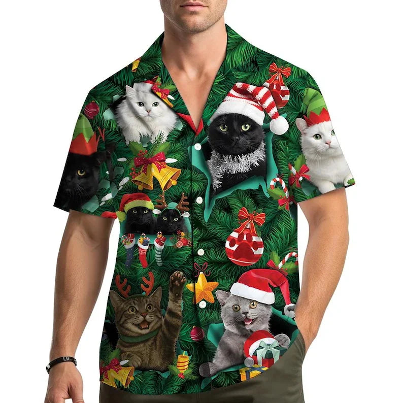 The Meowy Christmas Shirt, a green Christmas Hawaiian shirt covered in cats in Santa hats