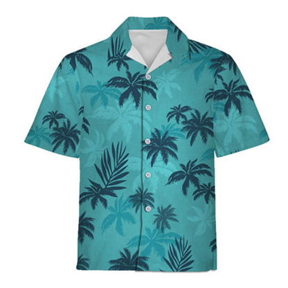 The Ocean Drive Shirt: teal short-sleeve Hawaiian shirt with dark palm tree print, front view