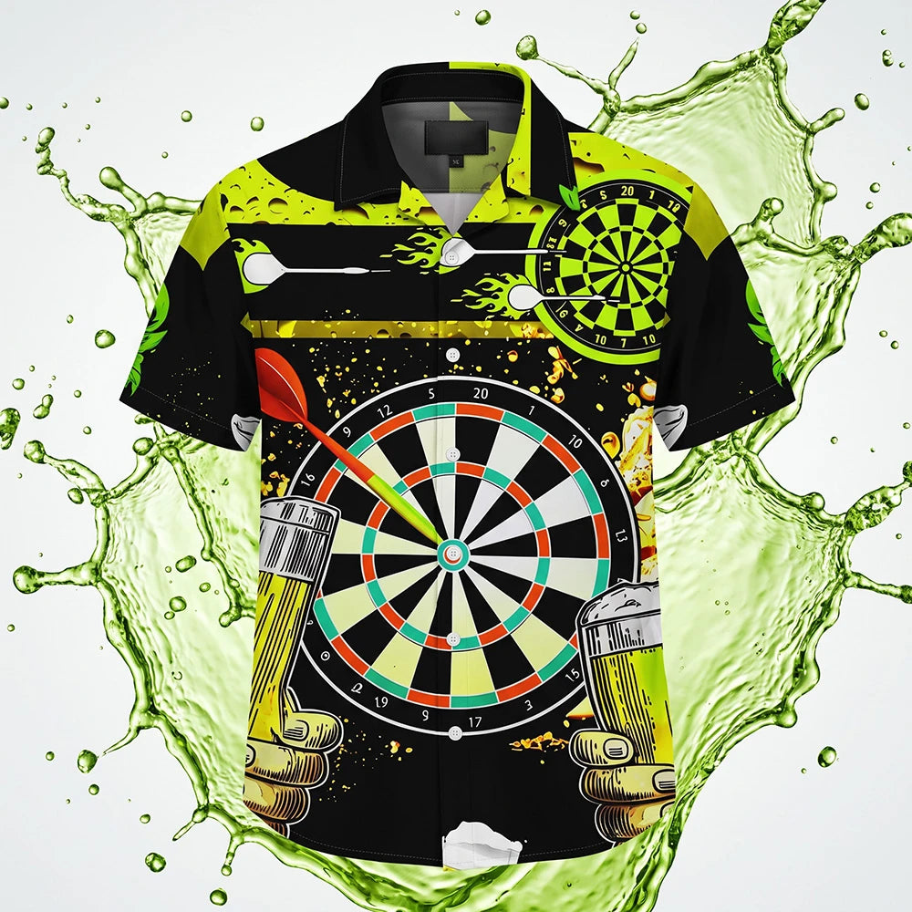The Bullseye Splash Shirt, a black and neon yellow darts shirt with a giant dartboard and pints