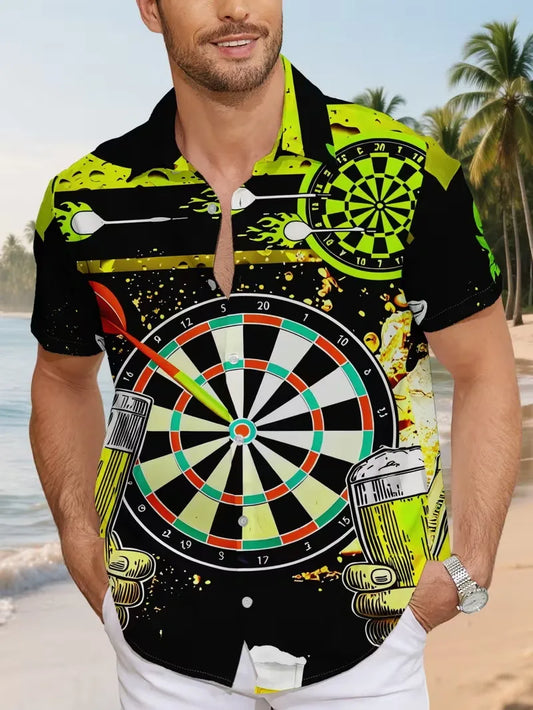 The Bullseye Splash Shirt, a black and neon yellow darts shirt with a giant dartboard and pints