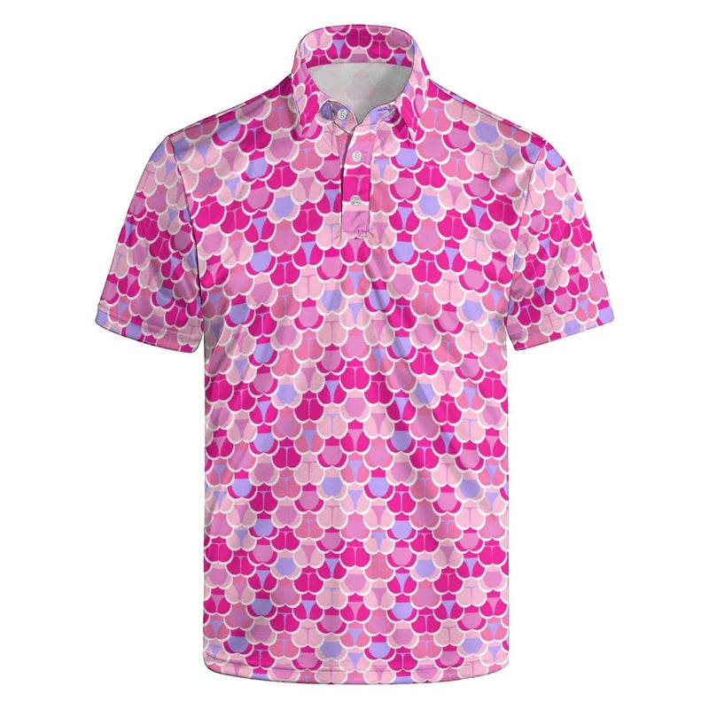 The Cheek to Cheek Polo, a pink men's polo shirt with an all-over bum print