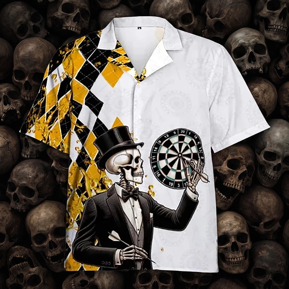 The Dead Posh Darts Shirt, a white and yellow argyle shirt with a skeleton in a top hat throwing darts