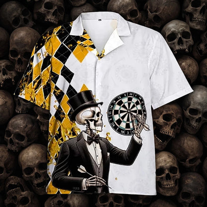 The Dead Posh Darts Shirt, a white and yellow argyle shirt with a skeleton in a top hat throwing darts
