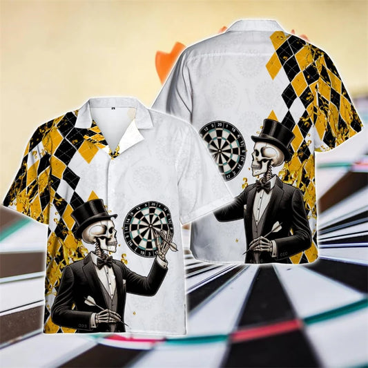 The Dead Posh Darts Shirt, a white and yellow argyle shirt with a skeleton in a top hat throwing darts