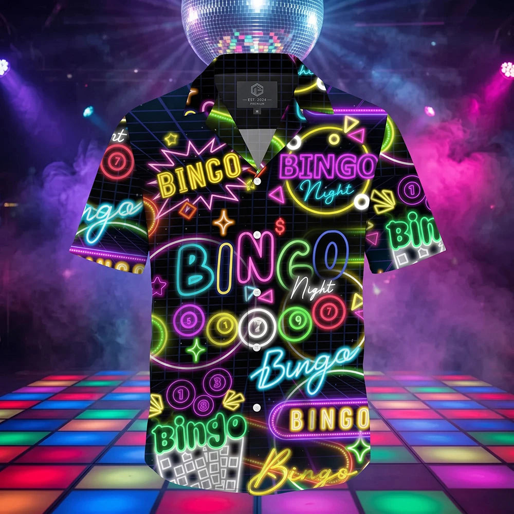 The Bingo Night Shirt, a black Hawaiian shirt covered in neon Bingo Night signs and bingo balls
