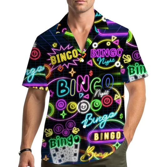 The Bingo Night Shirt, a black Hawaiian shirt covered in neon Bingo Night signs and bingo balls