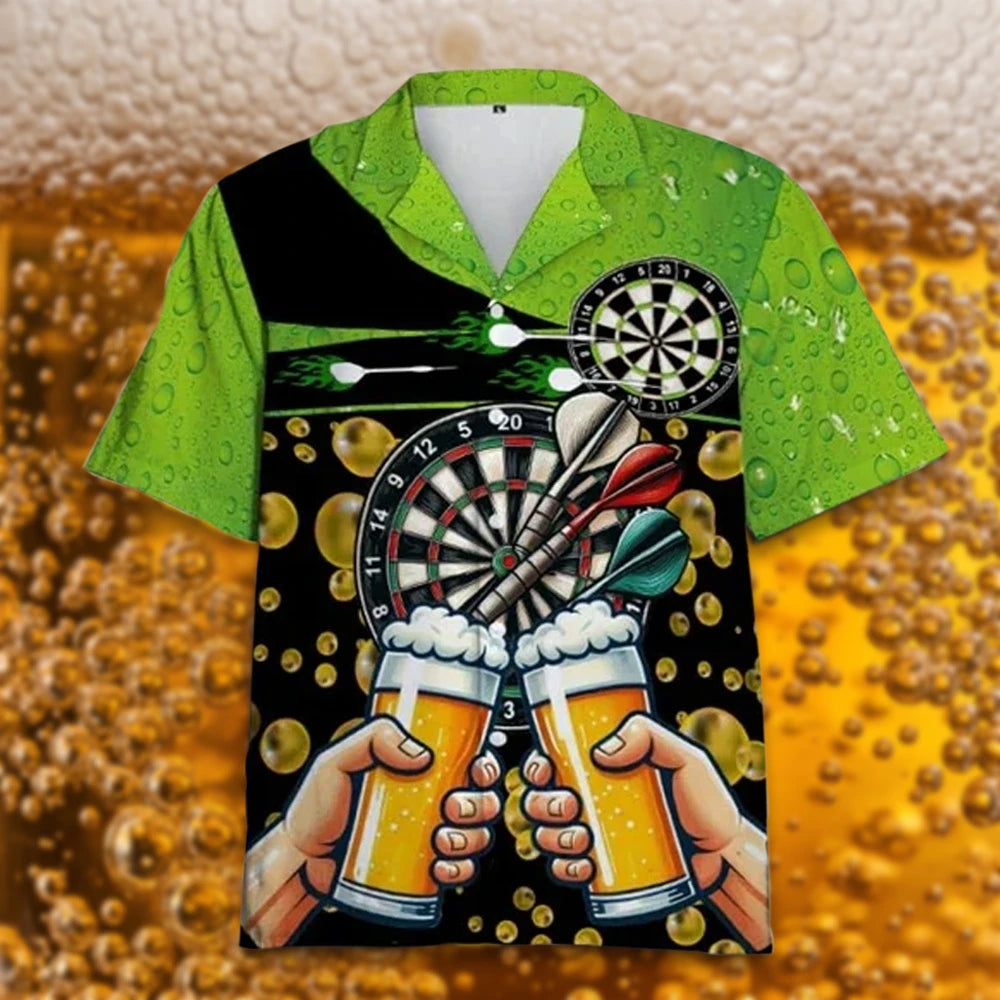 The Cheers to Darts Shirt, a lime green darts Hawaiian shirt with two pints clinking and Darts and Beer on the back