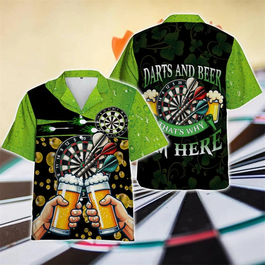 The Cheers to Darts Shirt, a lime green darts Hawaiian shirt with two pints clinking and Darts and Beer on the back