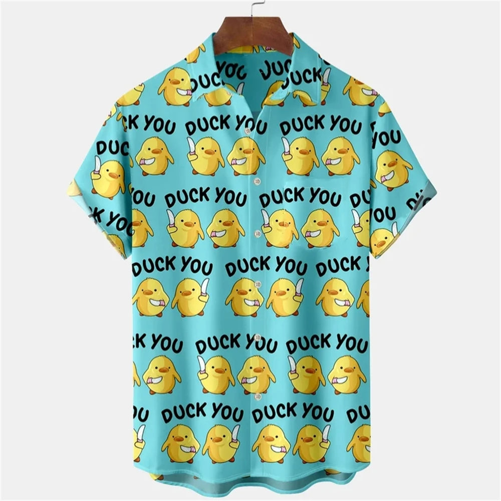 The Duck You Shirt, a turquoise shirt printed with cartoon ducks holding knives and the words Duck You