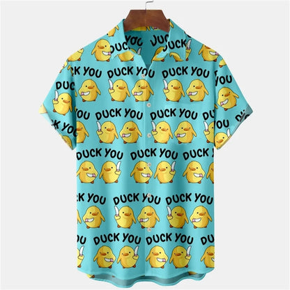 The Duck You Shirt, a turquoise shirt printed with cartoon ducks holding knives and the words Duck You