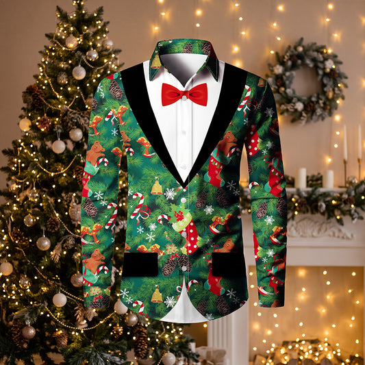 The Bauble Tux Christmas Shirt, a green bauble-print tuxedo shirt with a red bow tie, by a Christmas tree with fairy lights