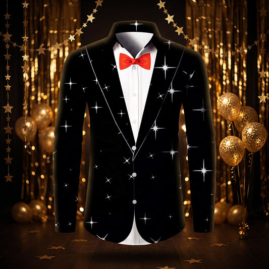The Black Tie Bling Christmas Shirt, a black printed tuxedo shirt with sparkles and a red bow tie, at a glitzy Christmas party