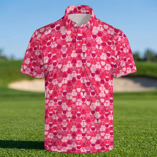 The Bottom Line Polo, a pink bum-print golf polo, on a golf course