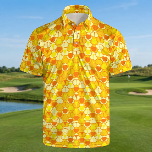 The Bum Deal Polo, a yellow bum-print golf polo, on a golf course