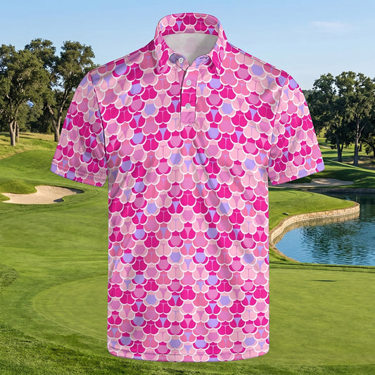 The Cheek to Cheek Polo, a pink bum-print golf polo, on a golf course by a lake