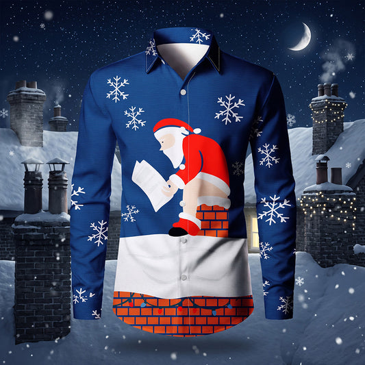 The Chimney Drop Shirt, a blue long-sleeve Christmas shirt with Santa stuck in a chimney, against snowy rooftops at night