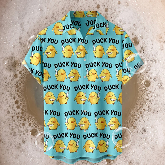 The Duck You Shirt, a turquoise shirt printed with cartoon ducks and the words Duck You