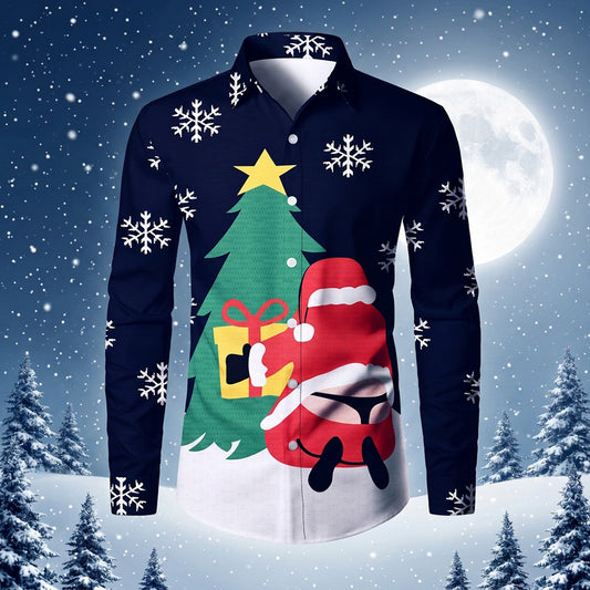 The Full Moon Santa Shirt, a navy Christmas shirt with a Christmas tree and Santa, under a full moon in the snow