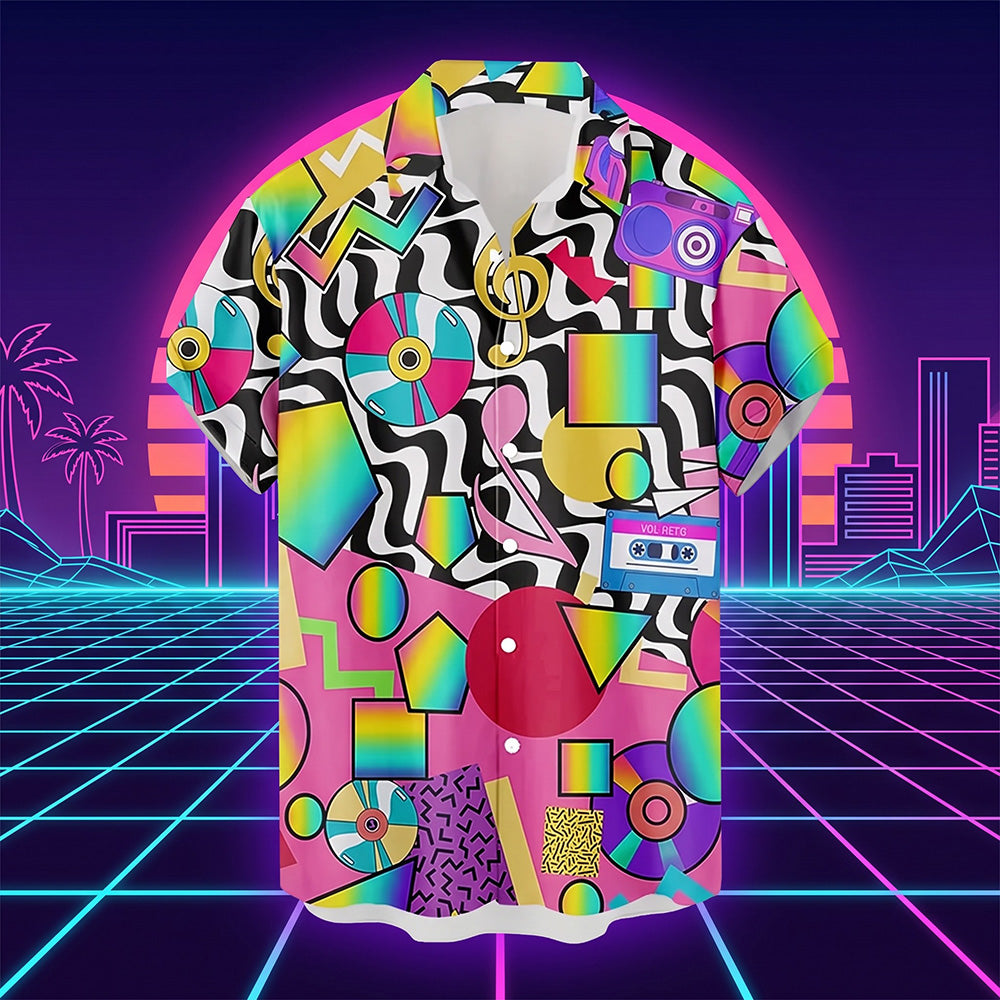 The Miami Mixtape Shirt, a neon 80s pattern Hawaiian shirt, on a retro synthwave sunset grid