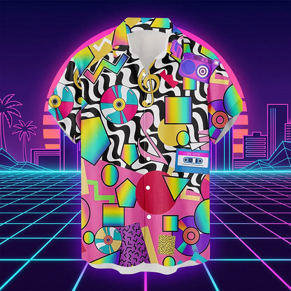 The Miami Mixtape Shirt, a neon 80s pattern Hawaiian shirt, on a retro synthwave sunset grid