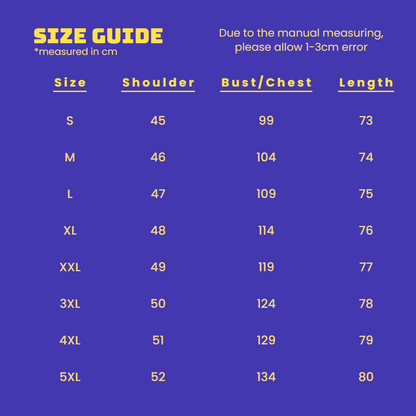 The Ocean Drive Shirt size guide in cm: shoulder, chest and length for sizes S to 5XL