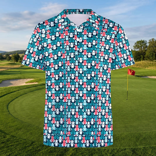 The Rack Attack Polo, a cheeky all-over print golf polo, on a golf course